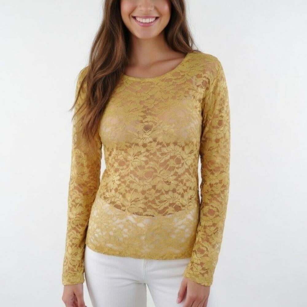 Anthropologie Mustard Yellow Sheer Lace Long Sleeve Top Shirt XS